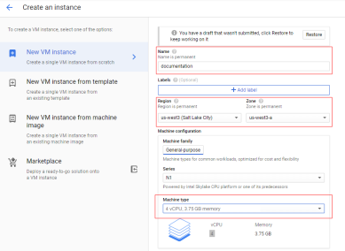 Create an Instance wizard with name, region, and machine type options highlighted. 